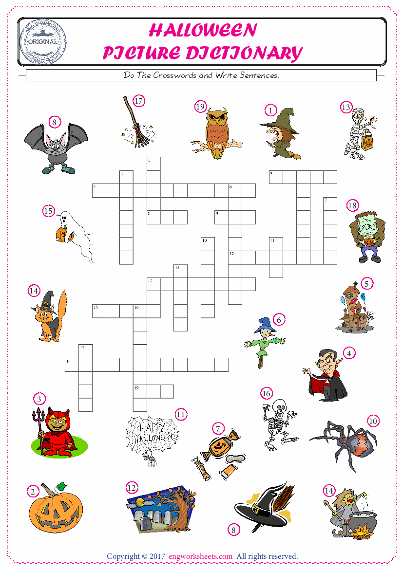  ESL printable worksheet for kids, supply the missing words of the crossword by using the Halloween picture. 